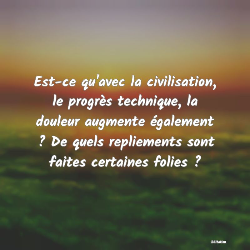 image de citation: Est-ce qu'avec la civilisation, le progrès technique, la douleur augmente également ? De quels repliements sont faites certaines folies ?