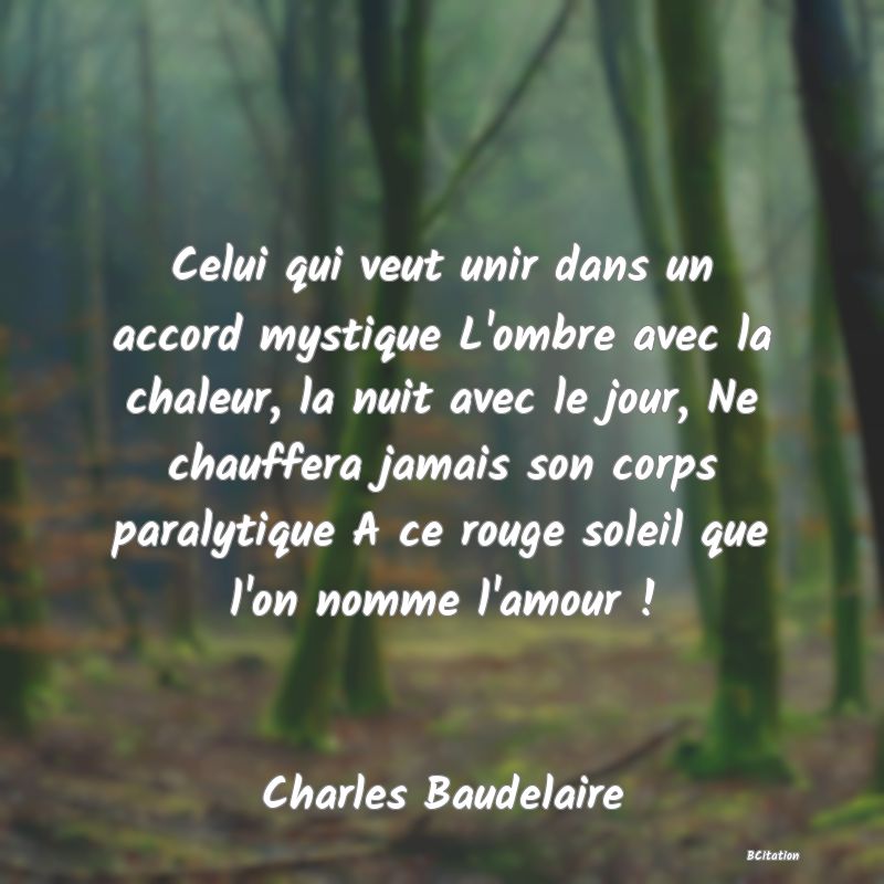 image de citation: Celui qui veut unir dans un accord mystique L'ombre avec la chaleur, la nuit avec le jour, Ne chauffera jamais son corps paralytique A ce rouge soleil que l'on nomme l'amour !