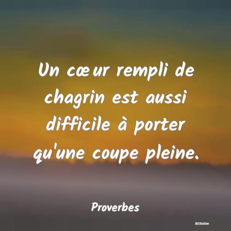 Belle Citation - Un cœur rempli de chagrin est aussi difficile à porter qu'une coupe pleine. - Proverbes