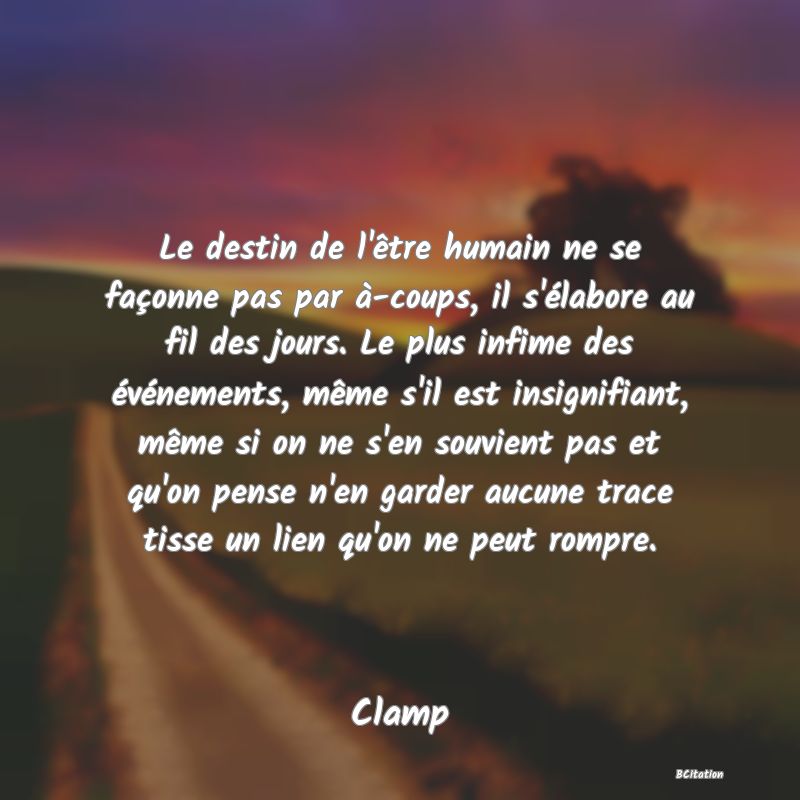 image de citation: Le destin de l'être humain ne se façonne pas par à-coups, il s'élabore au fil des jours. Le plus infime des événements, même s'il est insignifiant, même si on ne s'en souvient pas et qu'on pense n'en garder aucune trace tisse un lien qu'on ne peut rompre.