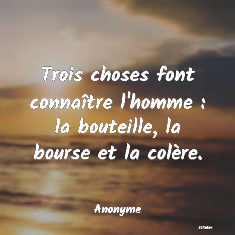 image de citation: Trois choses font connaître l'homme : la bouteille, la bourse et la colère.