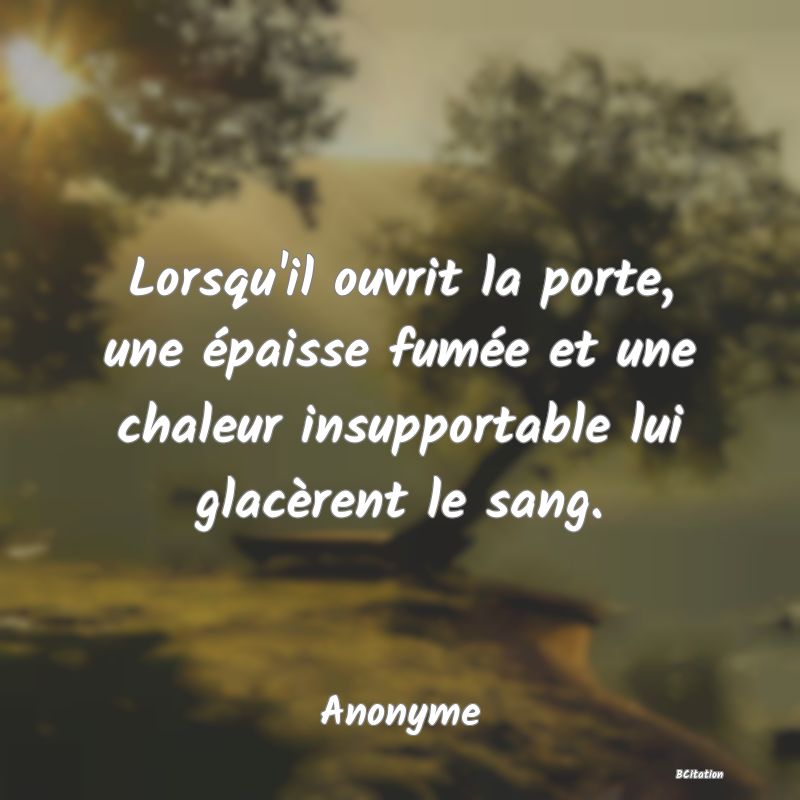 image de citation: Lorsqu'il ouvrit la porte, une épaisse fumée et une chaleur insupportable lui glacèrent le sang.