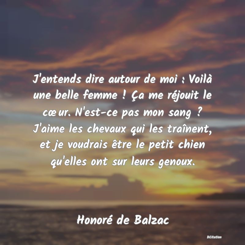 image de citation: J'entends dire autour de moi : Voilà une belle femme ! Ça me réjouit le cœur. N'est-ce pas mon sang ? J'aime les chevaux qui les traînent, et je voudrais être le petit chien qu'elles ont sur leurs genoux.