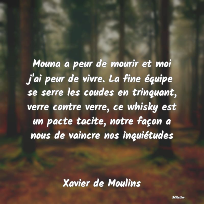 image de citation: Mouna a peur de mourir et moi j'ai peur de vivre. La fine équipe se serre les coudes en trinquant, verre contre verre, ce whisky est un pacte tacite, notre façon a nous de vaincre nos inquiétudes