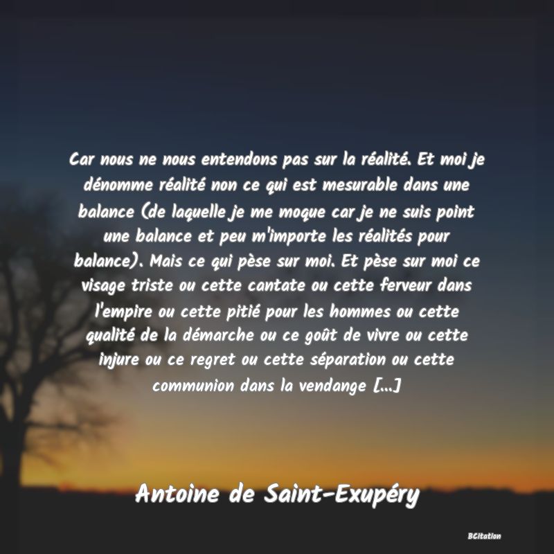 image de citation: Car nous ne nous entendons pas sur la réalité. Et moi je dénomme réalité non ce qui est mesurable dans une balance (de laquelle je me moque car je ne suis point une balance et peu m'importe les réalités pour balance). Mais ce qui pèse sur moi. Et pèse sur moi ce visage triste ou cette cantate ou cette ferveur dans l'empire ou cette pitié pour les hommes ou cette qualité de la démarche ou ce goût de vivre ou cette injure ou ce regret ou cette séparation ou cette communion dans la vendange [...]