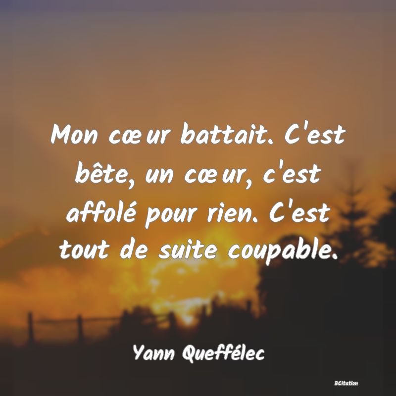 image de citation: Mon cœur battait. C'est bête, un cœur, c'est affolé pour rien. C'est tout de suite coupable.