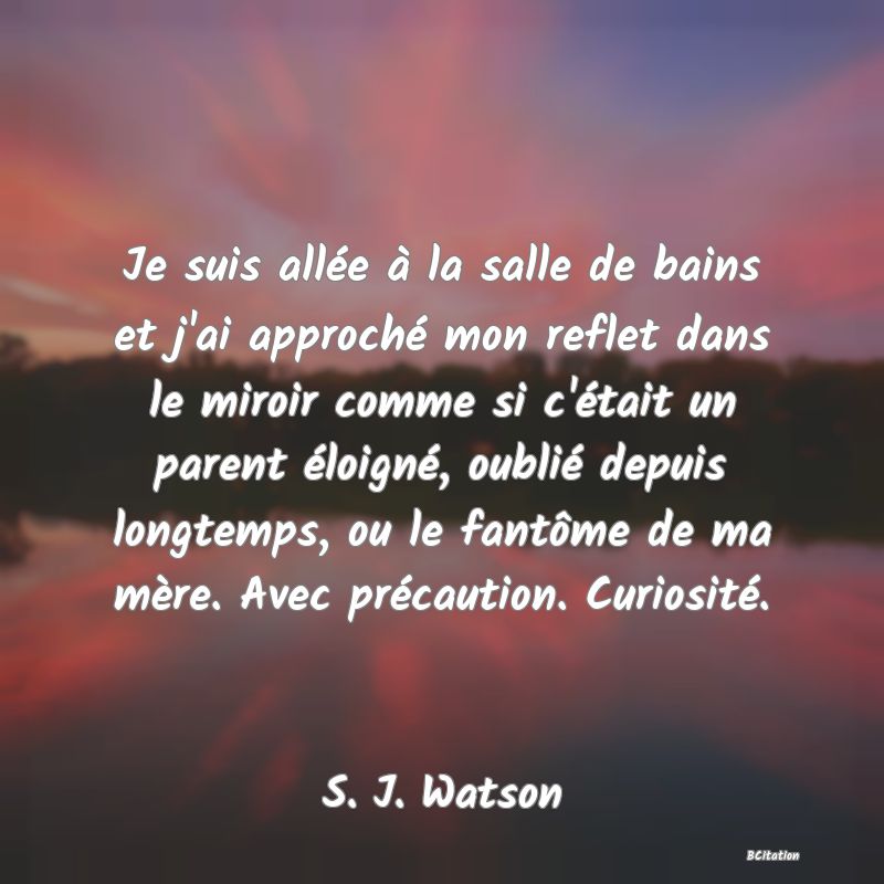 image de citation: Je suis allée à la salle de bains et j'ai approché mon reflet dans le miroir comme si c'était un parent éloigné, oublié depuis longtemps, ou le fantôme de ma mère. Avec précaution. Curiosité.