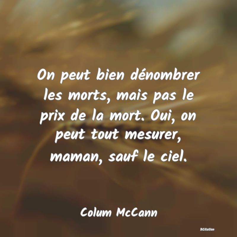 image de citation: On peut bien dénombrer les morts, mais pas le prix de la mort. Oui, on peut tout mesurer, maman, sauf le ciel.