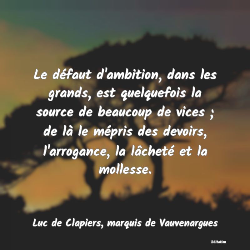 Belle Citation - Le défaut d'ambition, dans les grands, est quelquefois la source de beaucoup de vices ; de là le mépris des devoirs, l'arrogance, la lâcheté et la mollesse. - Luc de Clapiers, marquis de Vauvenargues