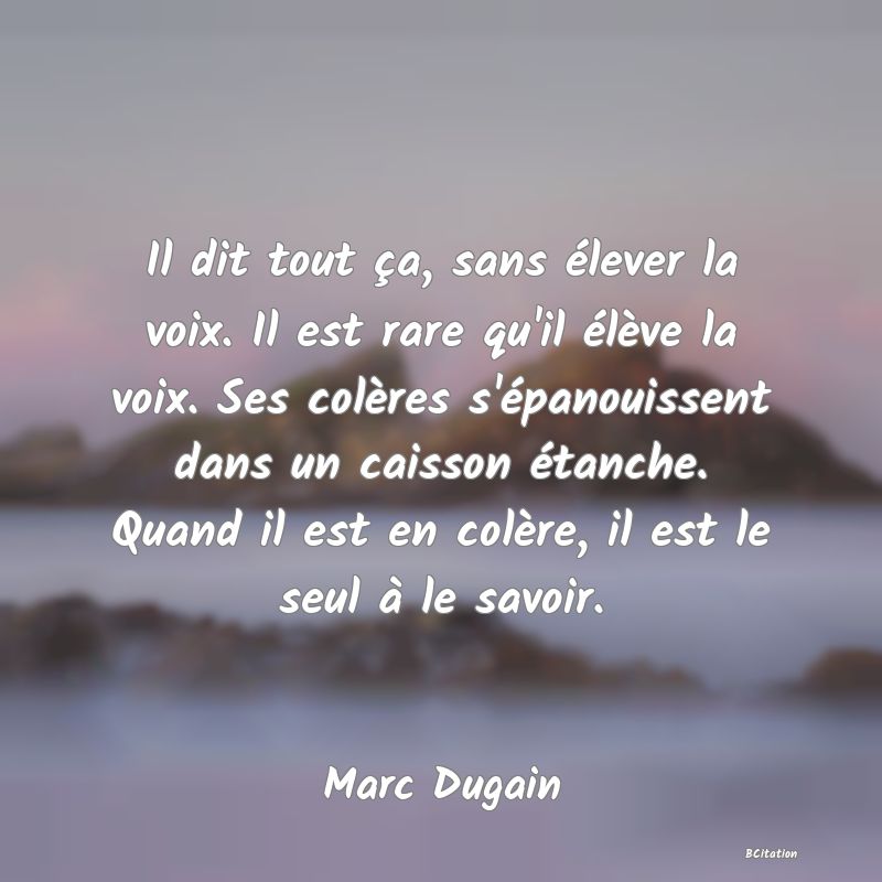 image de citation: Il dit tout ça, sans élever la voix. Il est rare qu'il élève la voix. Ses colères s'épanouissent dans un caisson étanche. Quand il est en colère, il est le seul à le savoir.