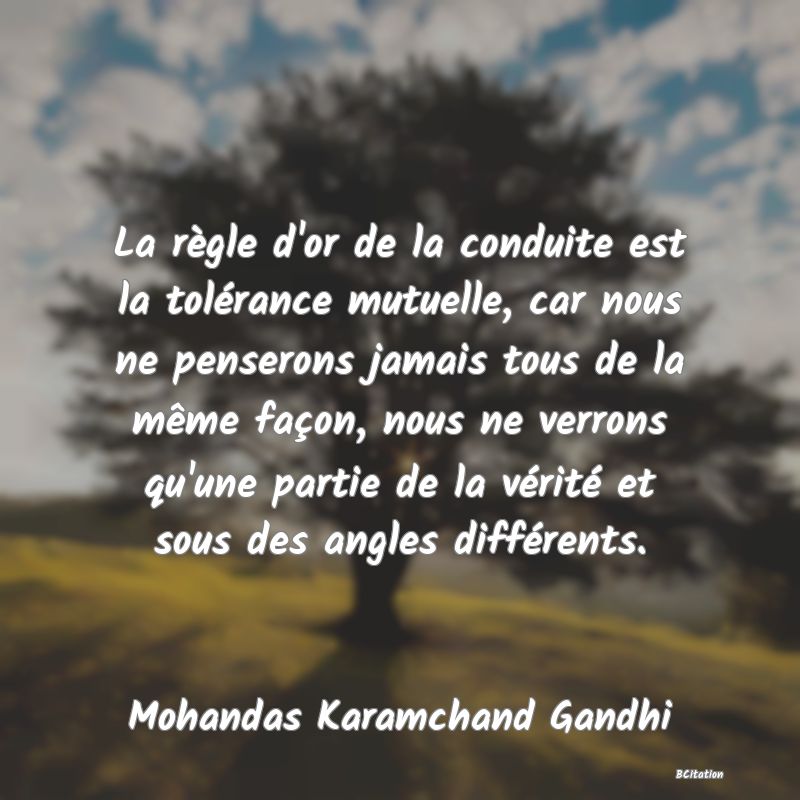 image de citation: La règle d'or de la conduite est la tolérance mutuelle, car nous ne penserons jamais tous de la même façon, nous ne verrons qu'une partie de la vérité et sous des angles différents.