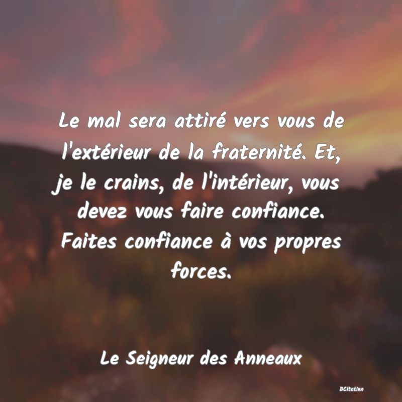 image de citation: Le mal sera attiré vers vous de l'extérieur de la fraternité. Et, je le crains, de l'intérieur, vous devez vous faire confiance. Faites confiance à vos propres forces.