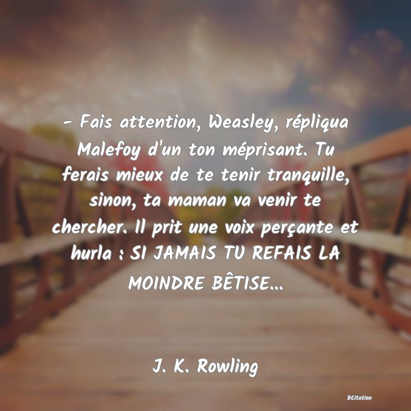 image de citation: - Fais attention, Weasley, répliqua Malefoy d'un ton méprisant. Tu ferais mieux de te tenir tranquille, sinon, ta maman va venir te chercher. Il prit une voix perçante et hurla : SI JAMAIS TU REFAIS LA MOINDRE BÊTISE...