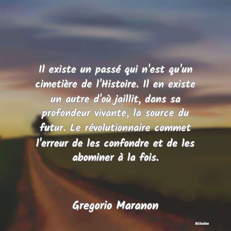 image de citation: Il existe un passé qui n'est qu'un cimetière de l'Histoire. Il en existe un autre d'où jaillit, dans sa profondeur vivante, la source du futur. Le révolutionnaire commet l'erreur de les confondre et de les abominer à la fois.