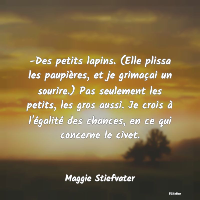 image de citation: -Des petits lapins. (Elle plissa les paupières, et je grimaçai un sourire.) Pas seulement les petits, les gros aussi. Je crois à l'égalité des chances, en ce qui concerne le civet.