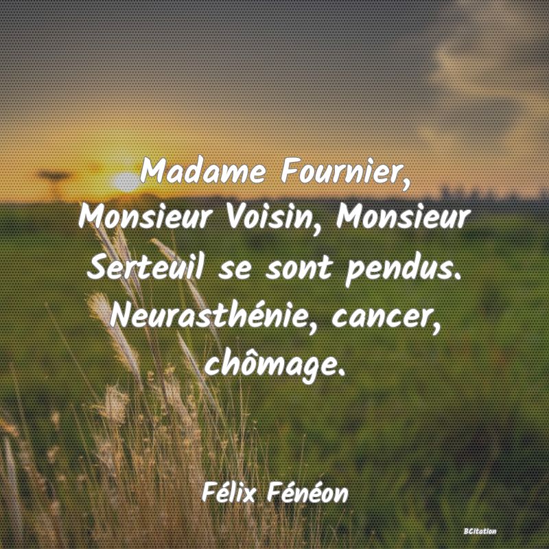 image de citation: Madame Fournier, Monsieur Voisin, Monsieur Serteuil se sont pendus. Neurasthénie, cancer, chômage.