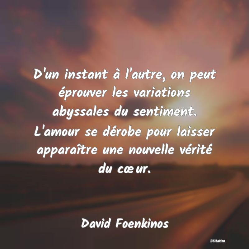 image de citation: D'un instant à l'autre, on peut éprouver les variations abyssales du sentiment. L'amour se dérobe pour laisser apparaître une nouvelle vérité du cœur.