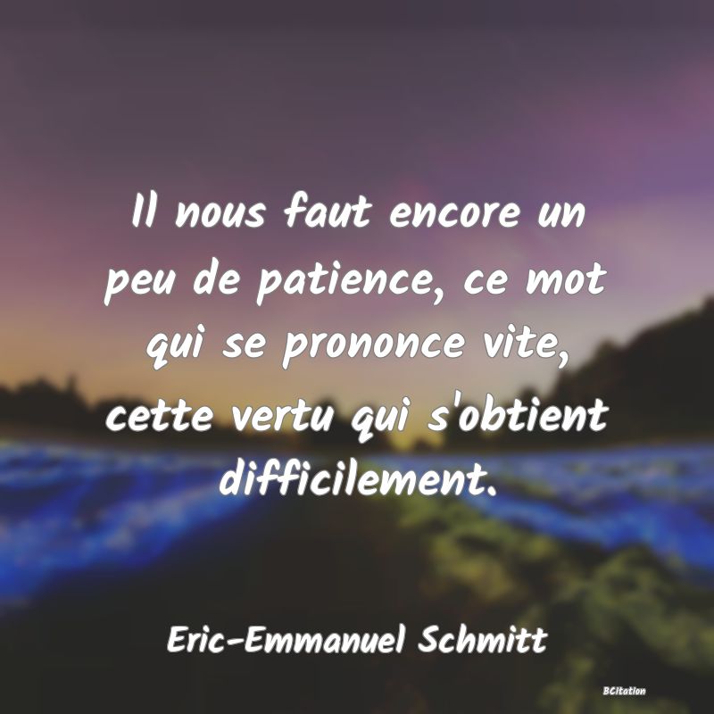 image de citation: Il nous faut encore un peu de patience, ce mot qui se prononce vite, cette vertu qui s'obtient difficilement.