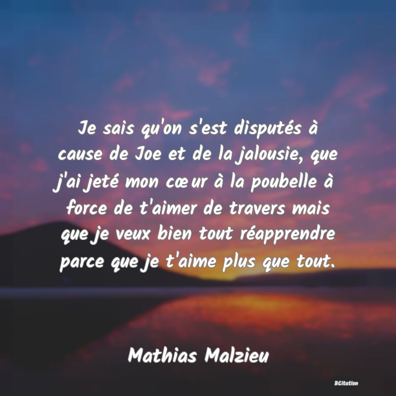 image de citation: Je sais qu'on s'est disputés à cause de Joe et de la jalousie, que j'ai jeté mon cœur à la poubelle à force de t'aimer de travers mais que je veux bien tout réapprendre parce que je t'aime plus que tout.