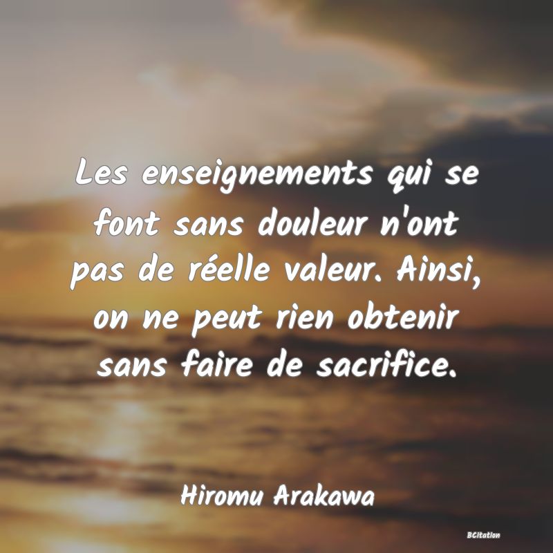 image de citation: Les enseignements qui se font sans douleur n'ont pas de réelle valeur. Ainsi, on ne peut rien obtenir sans faire de sacrifice.