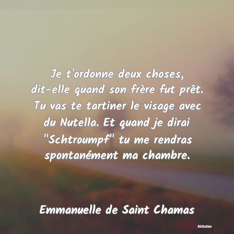 image de citation: Je t'ordonne deux choses, dit-elle quand son frère fut prêt. Tu vas te tartiner le visage avec du Nutella. Et quand je dirai  Schtroumpf  tu me rendras spontanément ma chambre.