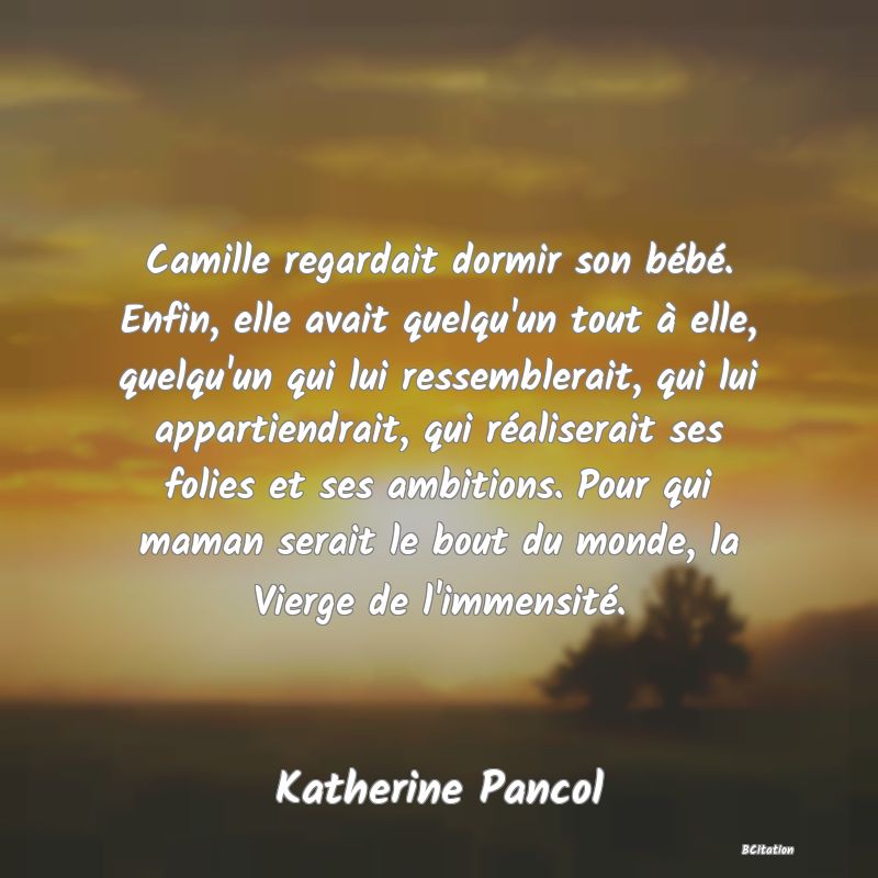 image de citation: Camille regardait dormir son bébé. Enfin, elle avait quelqu'un tout à elle, quelqu'un qui lui ressemblerait, qui lui appartiendrait, qui réaliserait ses folies et ses ambitions. Pour qui maman serait le bout du monde, la Vierge de l'immensité.