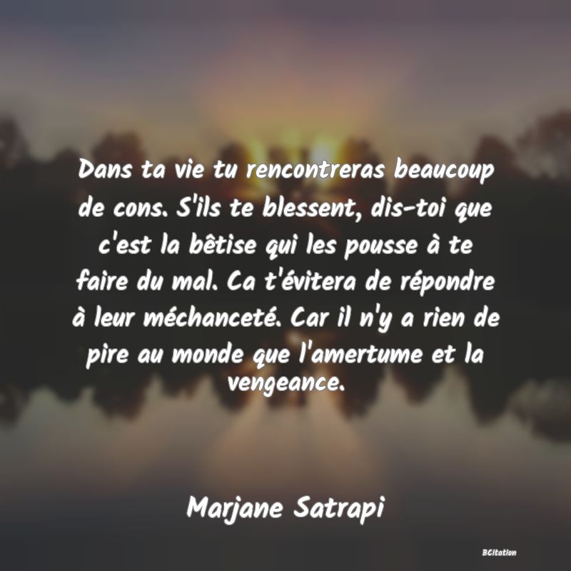 image de citation: Dans ta vie tu rencontreras beaucoup de cons. S'ils te blessent, dis-toi que c'est la bêtise qui les pousse à te faire du mal. Ca t'évitera de répondre à leur méchanceté. Car il n'y a rien de pire au monde que l'amertume et la vengeance.