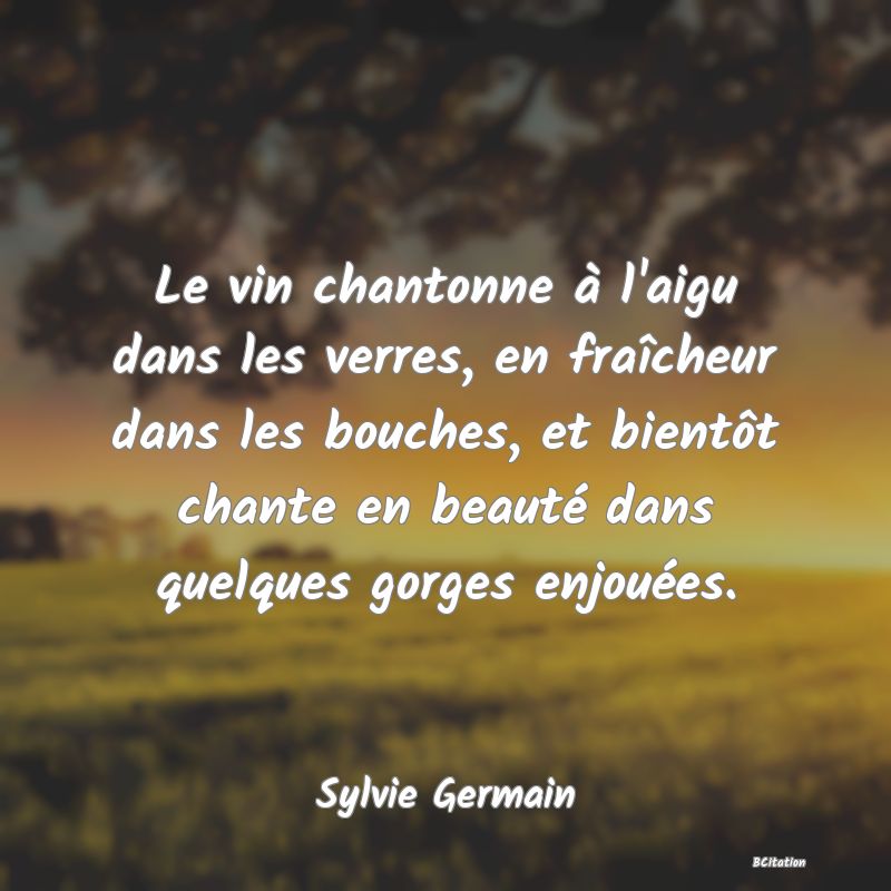 image de citation: Le vin chantonne à l'aigu dans les verres, en fraîcheur dans les bouches, et bientôt chante en beauté dans quelques gorges enjouées.