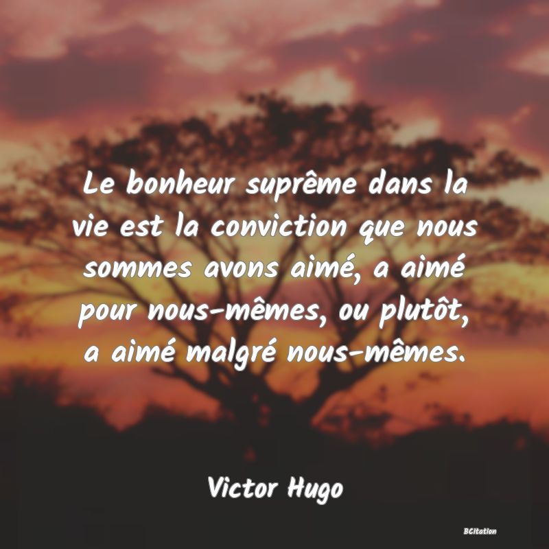 image de citation: Le bonheur suprême dans la vie est la conviction que nous sommes avons aimé, a aimé pour nous-mêmes, ou plutôt, a aimé malgré nous-mêmes.