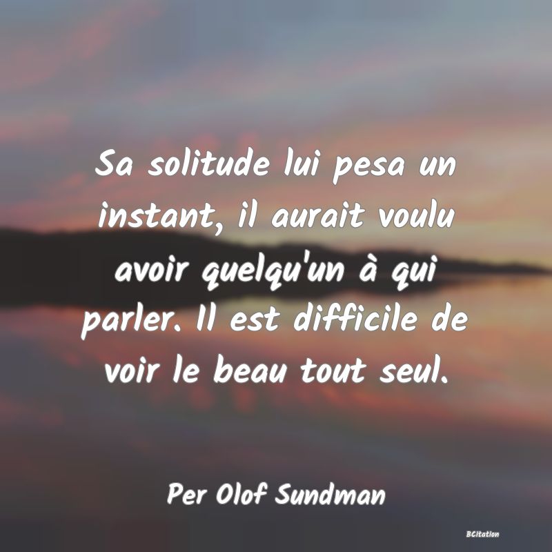 image de citation: Sa solitude lui pesa un instant, il aurait voulu avoir quelqu'un à qui parler. Il est difficile de voir le beau tout seul.