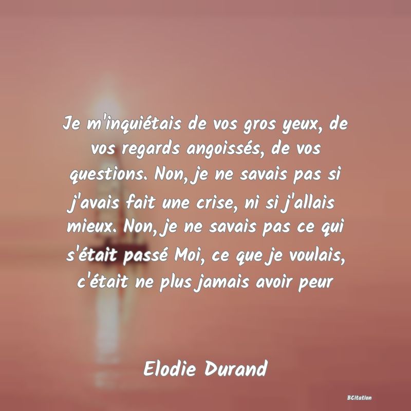 image de citation: Je m'inquiétais de vos gros yeux, de vos regards angoissés, de vos questions. Non, je ne savais pas si j'avais fait une crise, ni si j'allais mieux. Non, je ne savais pas ce qui s'était passé Moi, ce que je voulais, c'était ne plus jamais avoir peur