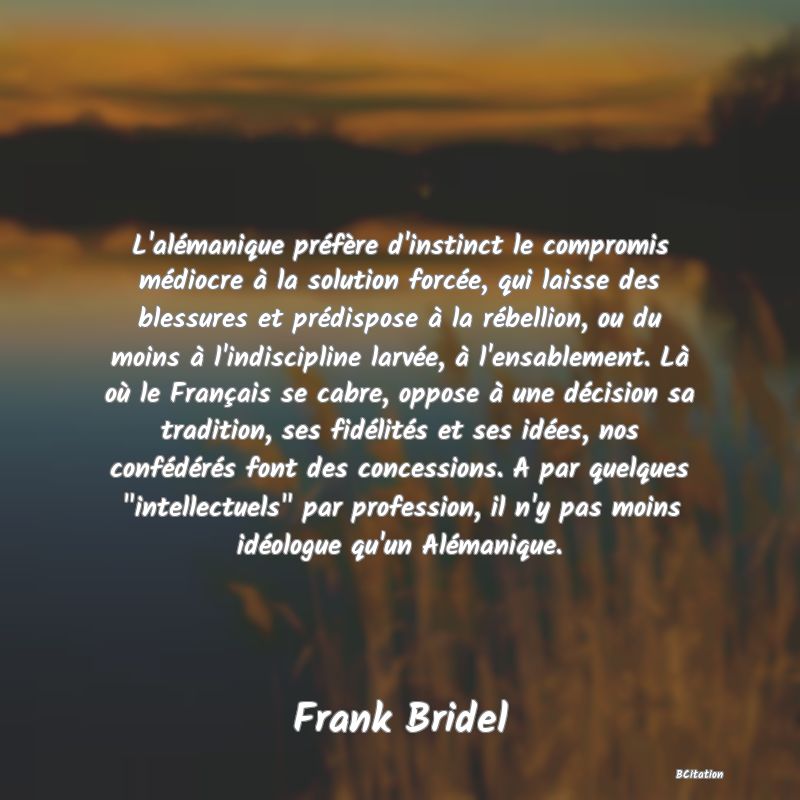 image de citation: L'alémanique préfère d'instinct le compromis médiocre à la solution forcée, qui laisse des blessures et prédispose à la rébellion, ou du moins à l'indiscipline larvée, à l'ensablement. Là où le Français se cabre, oppose à une décision sa tradition, ses fidélités et ses idées, nos confédérés font des concessions. A par quelques  intellectuels  par profession, il n'y pas moins idéologue qu'un Alémanique.