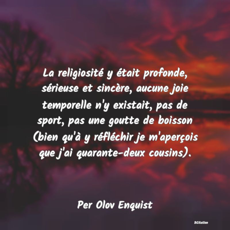 image de citation: La religiosité y était profonde, sérieuse et sincère, aucune joie temporelle n'y existait, pas de sport, pas une goutte de boisson (bien qu'à y réfléchir je m'aperçois que j'ai quarante-deux cousins).