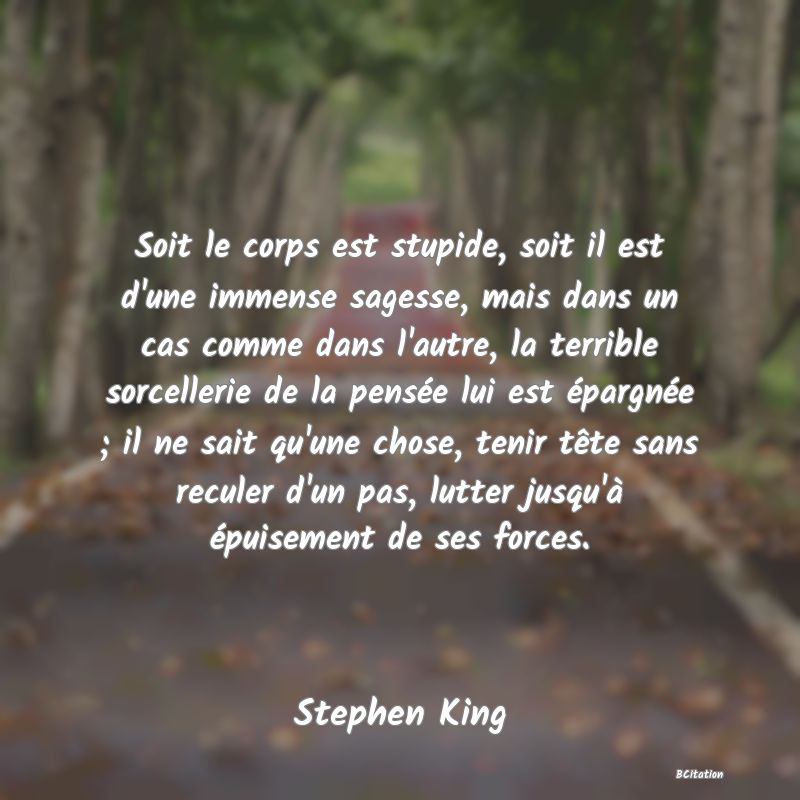 image de citation: Soit le corps est stupide, soit il est d'une immense sagesse, mais dans un cas comme dans l'autre, la terrible sorcellerie de la pensée lui est épargnée ; il ne sait qu'une chose, tenir tête sans reculer d'un pas, lutter jusqu'à épuisement de ses forces.