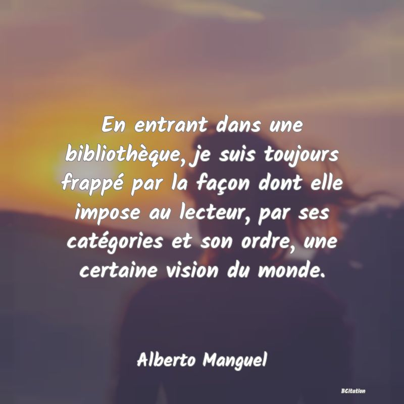 image de citation: En entrant dans une bibliothèque, je suis toujours frappé par la façon dont elle impose au lecteur, par ses catégories et son ordre, une certaine vision du monde.