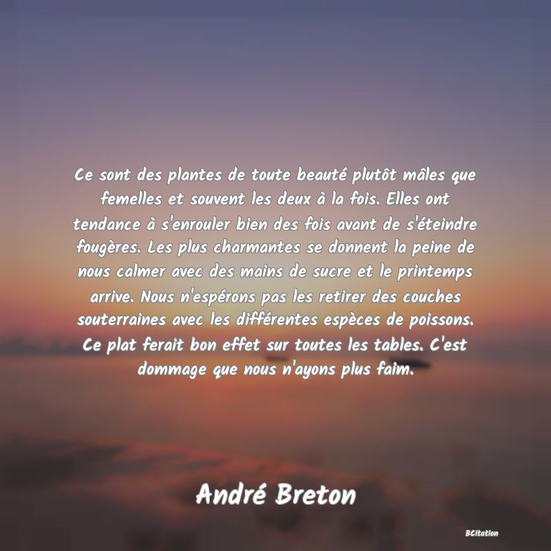 Belle Citation - Ce sont des plantes de toute beauté plutôt mâles que femelles et souvent les deux à la fois. Elles ont tendance à s'enrouler bien des fois avant de s'éteindre fougères. Les plus charmantes se donnent la peine de nous calmer avec des mains de sucre et le printemps arrive. Nous n'espérons pas les retirer des couches souterraines avec les différentes espèces de poissons. Ce plat ferait bon effet sur toutes les tables. C'est dommage que nous n'ayons plus faim. - André Breton