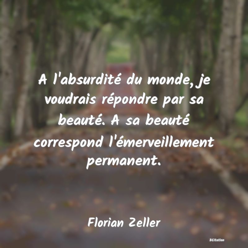 image de citation: A l'absurdité du monde, je voudrais répondre par sa beauté. A sa beauté correspond l'émerveillement permanent.