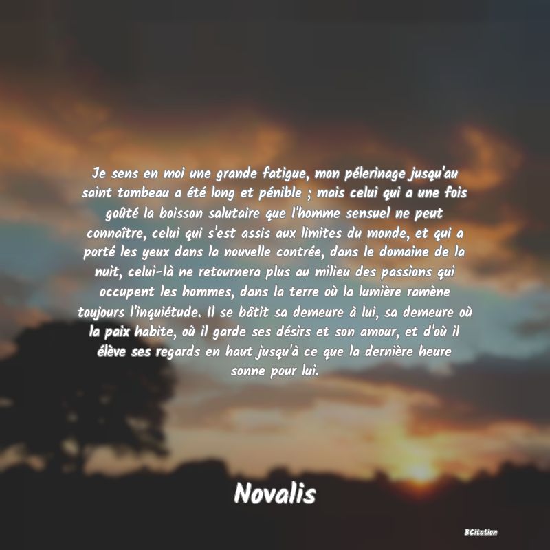 image de citation: Je sens en moi une grande fatigue, mon pélerinage jusqu'au saint tombeau a été long et pénible ; mais celui qui a une fois goûté la boisson salutaire que l'homme sensuel ne peut connaître, celui qui s'est assis aux limites du monde, et qui a porté les yeux dans la nouvelle contrée, dans le domaine de la nuit, celui-là ne retournera plus au milieu des passions qui occupent les hommes, dans la terre où la lumière ramène toujours l'inquiétude. Il se bâtit sa demeure à lui, sa demeure où la paix habite, où il garde ses désirs et son amour, et d'où il élève ses regards en haut jusqu'à ce que la dernière heure sonne pour lui.