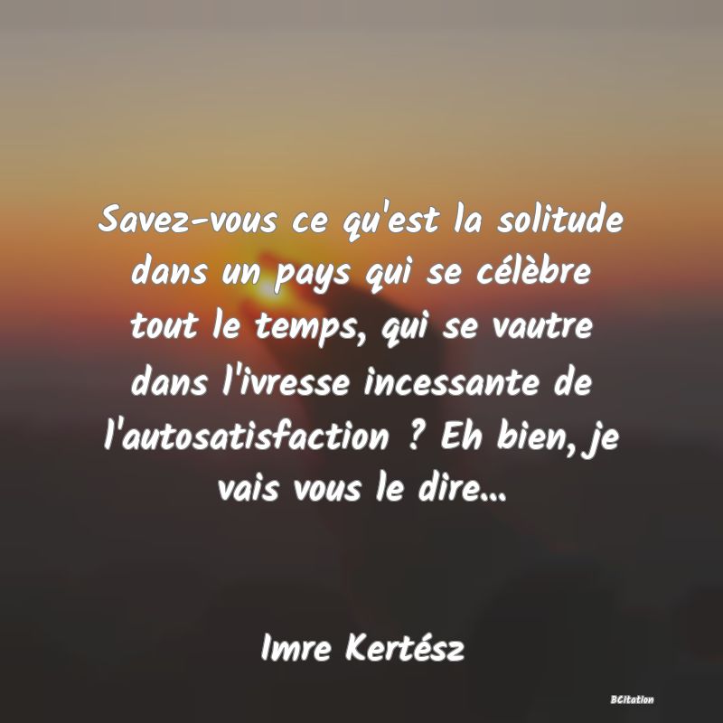 image de citation: Savez-vous ce qu'est la solitude dans un pays qui se célèbre tout le temps, qui se vautre dans l'ivresse incessante de l'autosatisfaction ? Eh bien, je vais vous le dire...