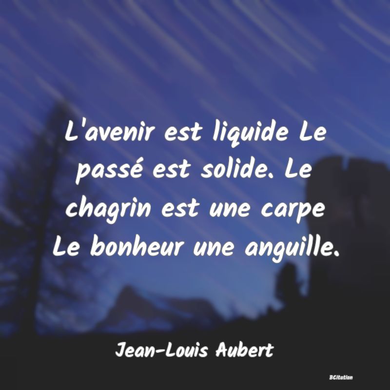 image de citation: L'avenir est liquide Le passé est solide. Le chagrin est une carpe Le bonheur une anguille.