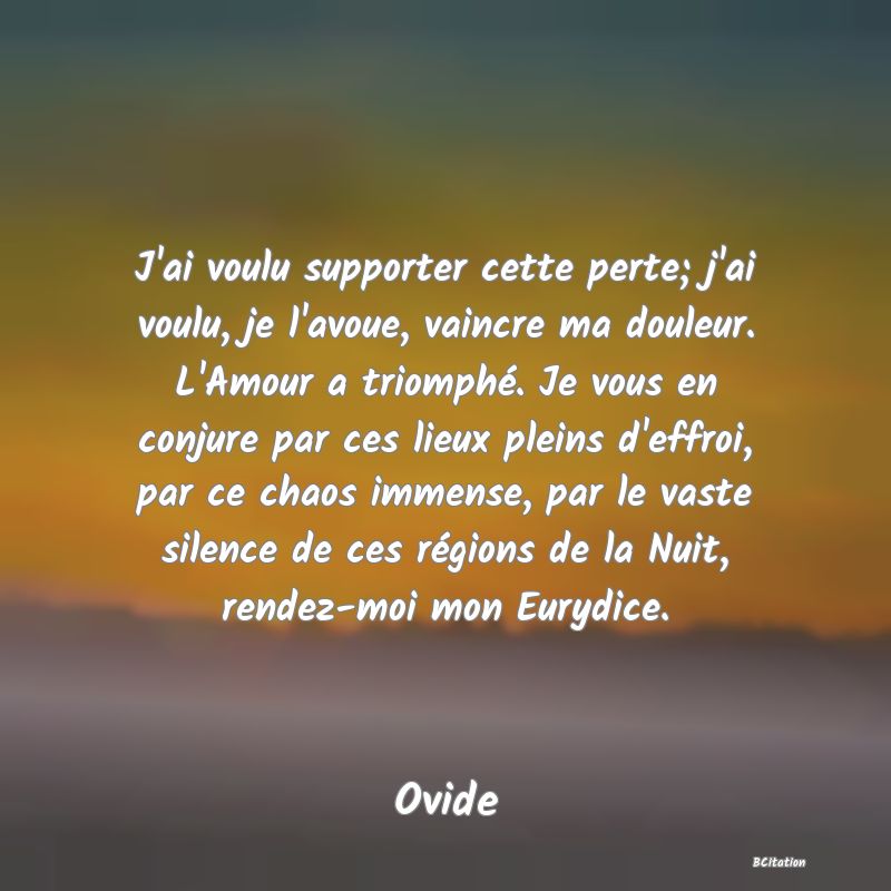 Belle Citation - J'ai voulu supporter cette perte; j'ai voulu, je l'avoue, vaincre ma douleur. L'Amour a triomphé. Je vous en conjure par ces lieux pleins d'effroi, par ce chaos immense, par le vaste silence de ces régions de la Nuit, rendez-moi mon Eurydice. - Ovide