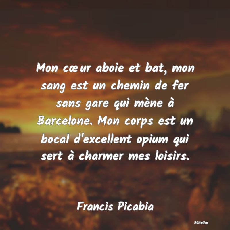 image de citation: Mon cœur aboie et bat, mon sang est un chemin de fer sans gare qui mène à Barcelone. Mon corps est un bocal d'excellent opium qui sert à charmer mes loisirs.