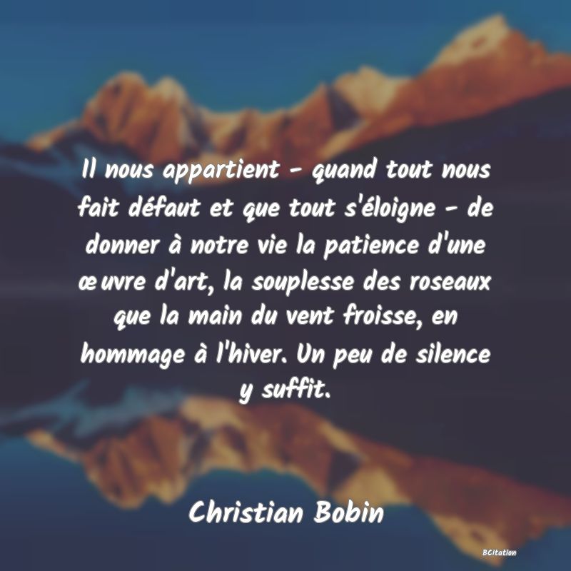 image de citation: Il nous appartient - quand tout nous fait défaut et que tout s'éloigne - de donner à notre vie la patience d'une œuvre d'art, la souplesse des roseaux que la main du vent froisse, en hommage à l'hiver. Un peu de silence y suffit.