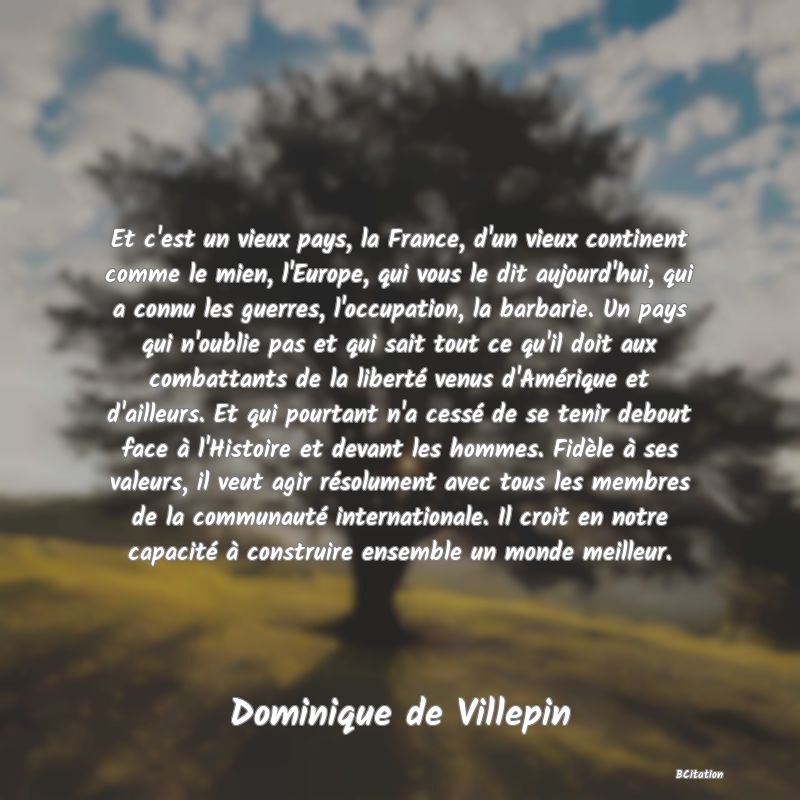 image de citation: Et c'est un vieux pays, la France, d'un vieux continent comme le mien, l'Europe, qui vous le dit aujourd'hui, qui a connu les guerres, l'occupation, la barbarie. Un pays qui n'oublie pas et qui sait tout ce qu'il doit aux combattants de la liberté venus d'Amérique et d'ailleurs. Et qui pourtant n'a cessé de se tenir debout face à l'Histoire et devant les hommes. Fidèle à ses valeurs, il veut agir résolument avec tous les membres de la communauté internationale. Il croit en notre capacité à construire ensemble un monde meilleur.