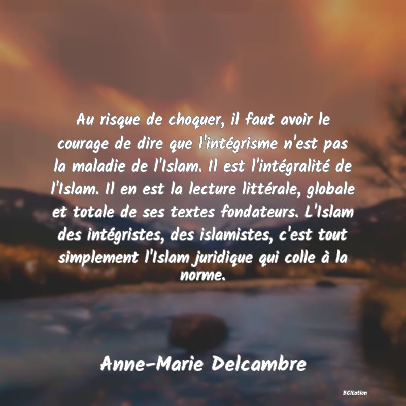 Belle Citation - Au risque de choquer, il faut avoir le courage de dire que l'intégrisme n'est pas la maladie de l'Islam. Il est l'intégralité de l'Islam. Il en est la lecture littérale, globale et totale de ses textes fondateurs. L'Islam des intégristes, des islamistes, c'est tout simplement l'Islam juridique qui colle à la norme. - Anne-Marie Delcambre