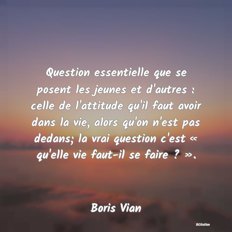 image de citation: Question essentielle que se posent les jeunes et d'autres : celle de l'attitude qu'il faut avoir dans la vie, alors qu'on n'est pas dedans; la vrai question c'est « qu'elle vie faut-il se faire ? ».