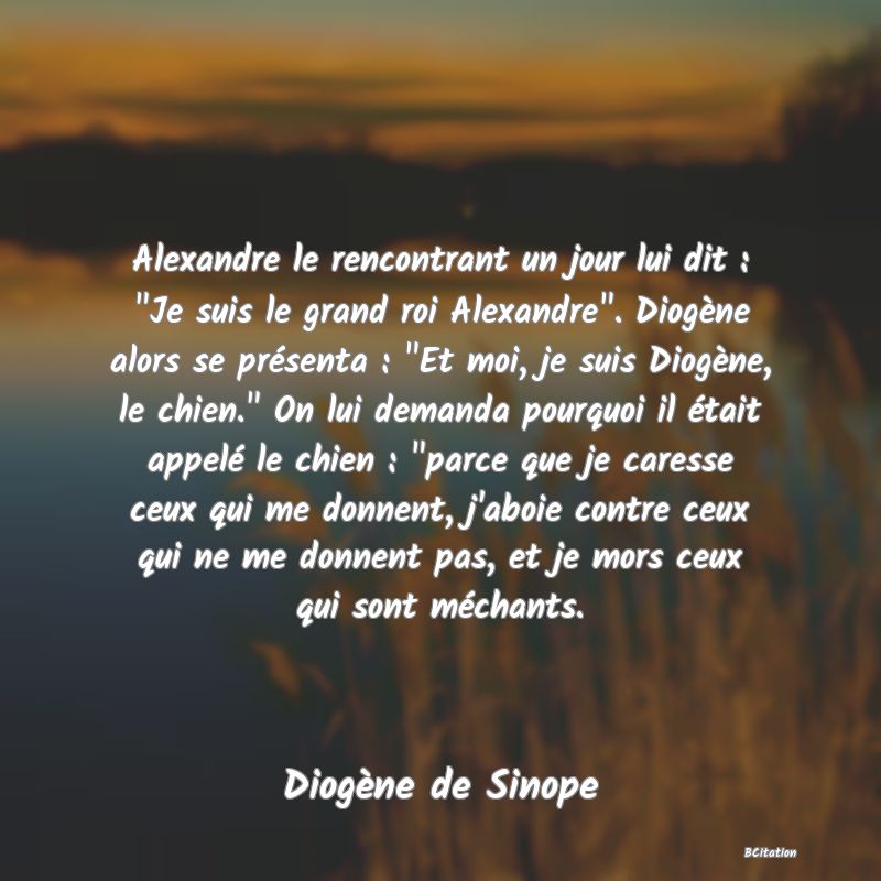 image de citation: Alexandre le rencontrant un jour lui dit :  Je suis le grand roi Alexandre . Diogène alors se présenta :  Et moi, je suis Diogène, le chien.  On lui demanda pourquoi il était appelé le chien :  parce que je caresse ceux qui me donnent, j'aboie contre ceux qui ne me donnent pas, et je mors ceux qui sont méchants.