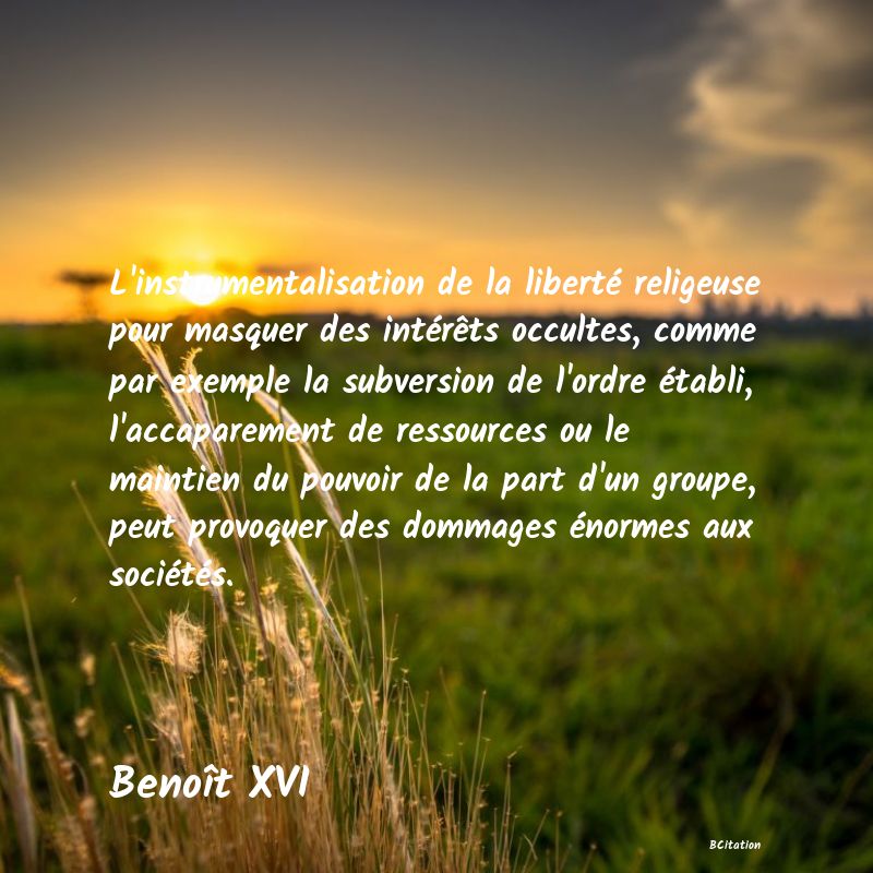 image de citation: L'instrumentalisation de la liberté religeuse pour masquer des intérêts occultes, comme par exemple la subversion de l'ordre établi, l'accaparement de ressources ou le maintien du pouvoir de la part d'un groupe, peut provoquer des dommages énormes aux sociétés.