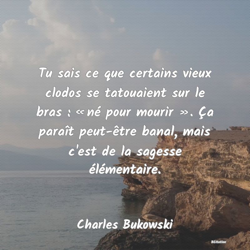 image de citation: Tu sais ce que certains vieux clodos se tatouaient sur le bras : « né pour mourir ». Ça paraît peut-être banal, mais c'est de la sagesse élémentaire.