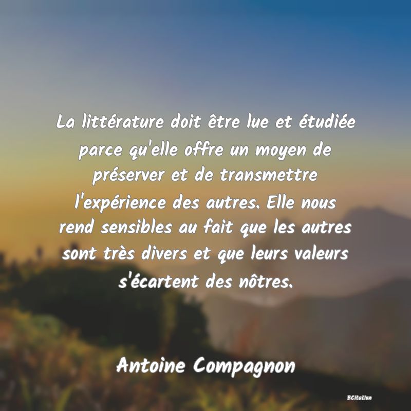 image de citation: La littérature doit être lue et étudiée parce qu'elle offre un moyen de préserver et de transmettre l'expérience des autres. Elle nous rend sensibles au fait que les autres sont très divers et que leurs valeurs s'écartent des nôtres.